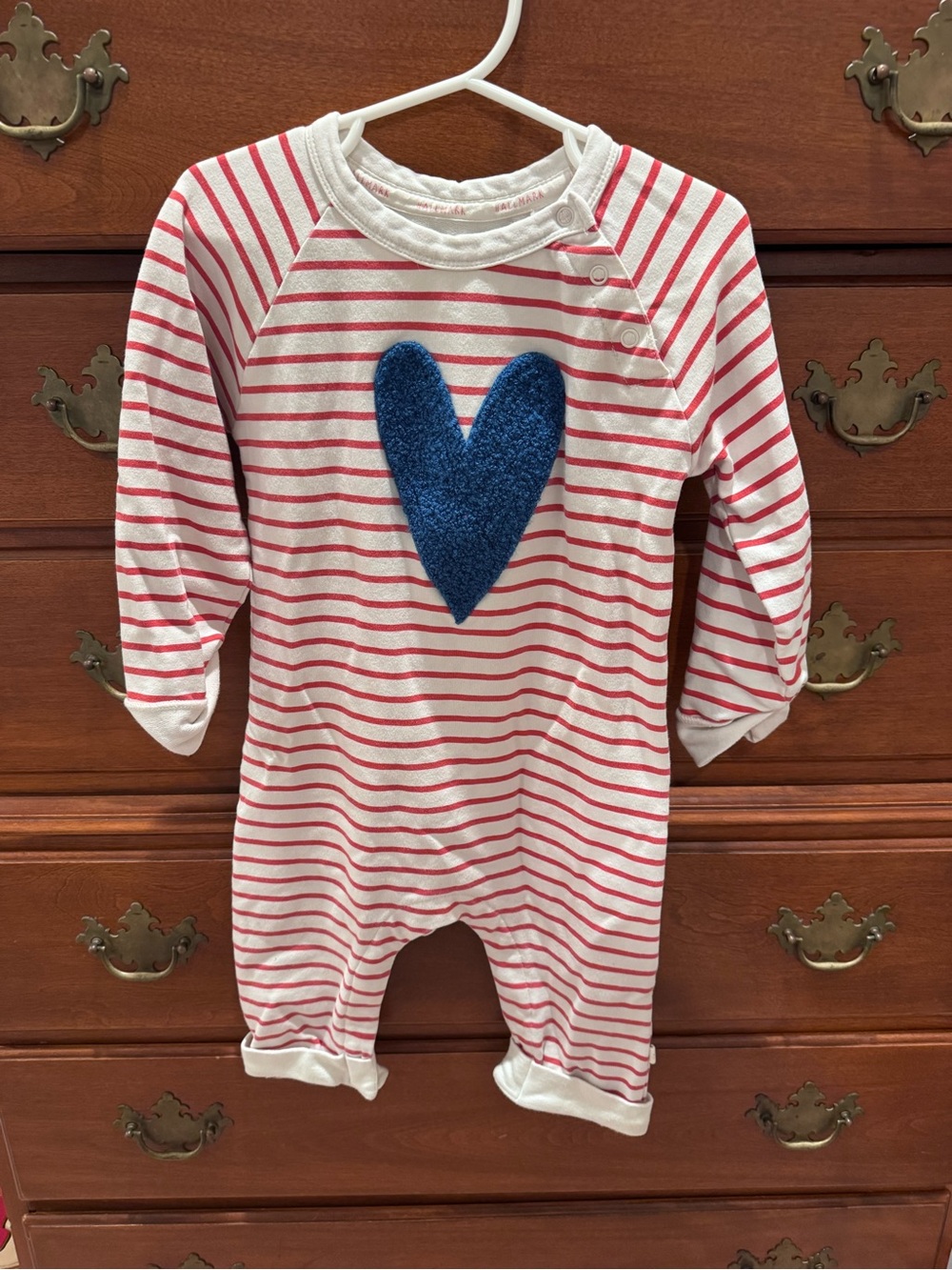 Hallmark Pink & White Striped Baby Footie with Blue Heart